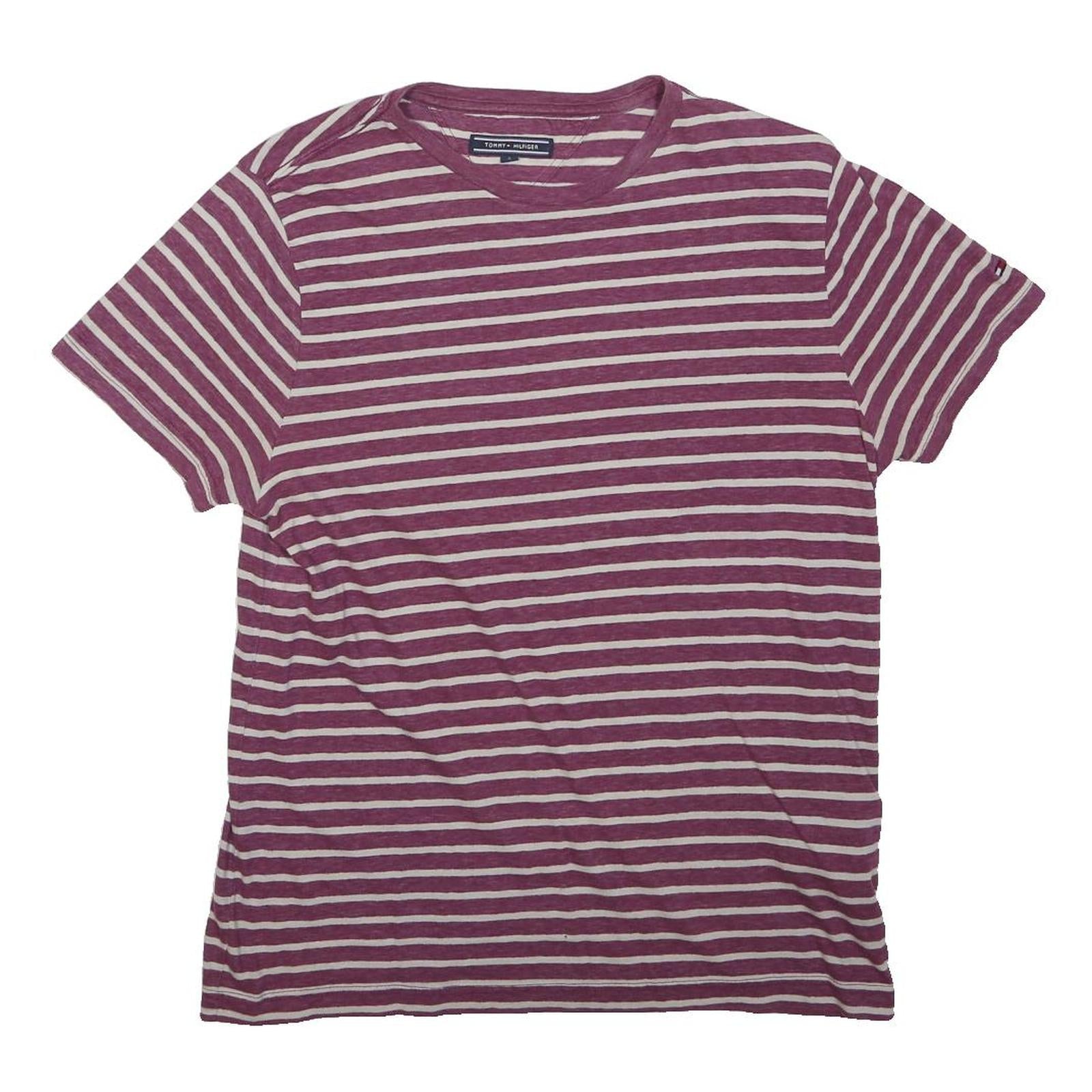 TOMMY HILFIGER Mens Maroon & White Striped T-Shirt S Short Sleeve Crew Neck