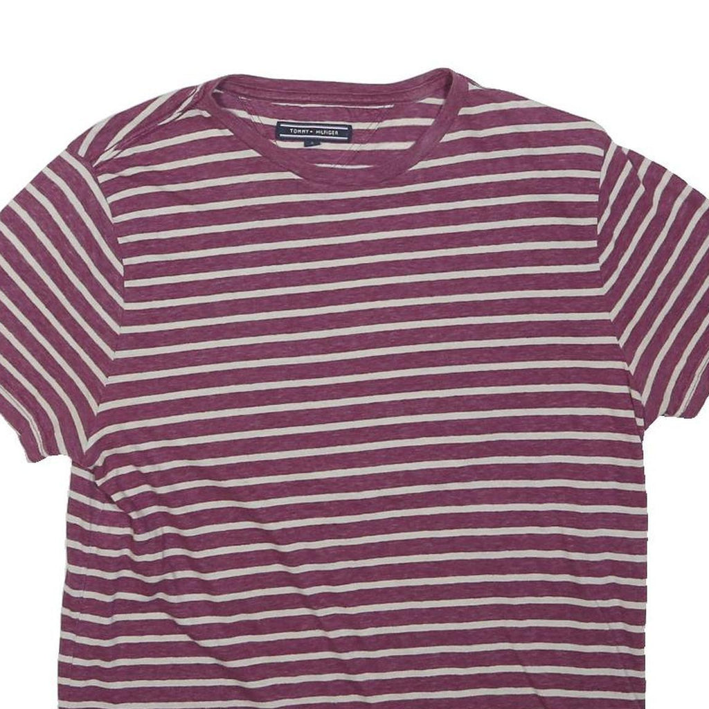 TOMMY HILFIGER Mens Maroon & White Striped T-Shirt S Short Sleeve Crew Neck
