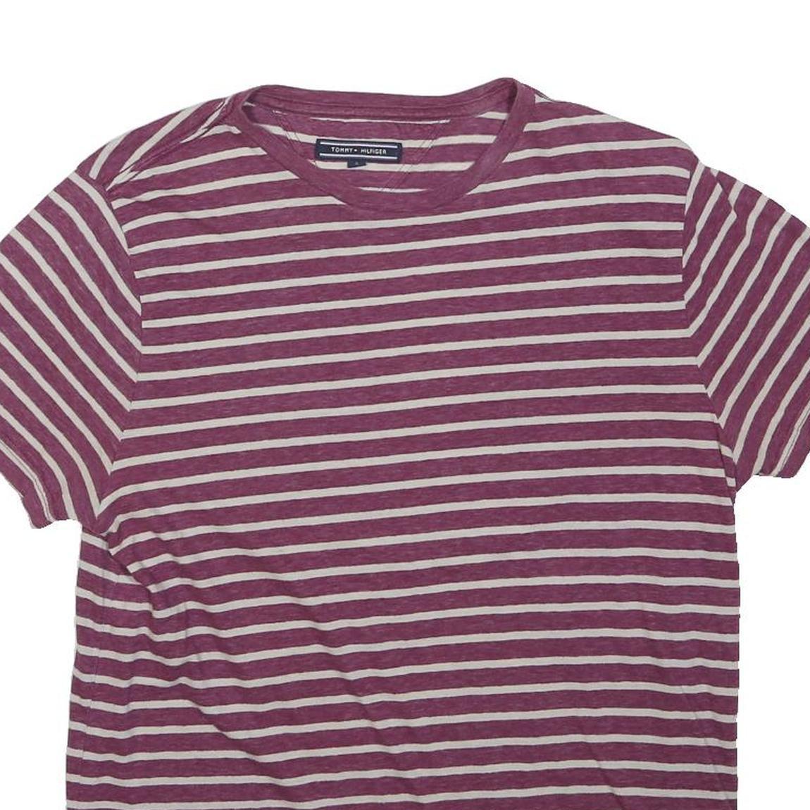 TOMMY HILFIGER Mens Maroon & White Striped T-Shirt S Short Sleeve Crew Neck
