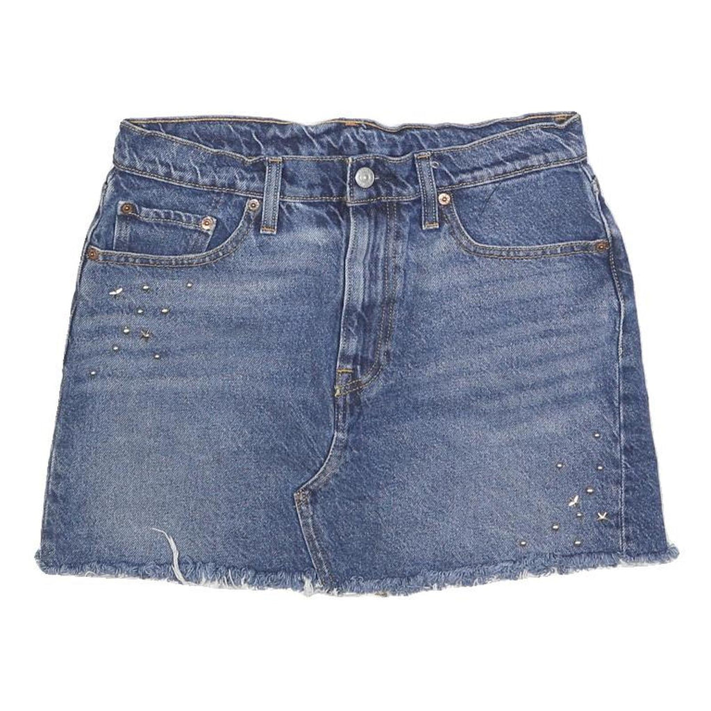 LEVI'S Womens Blue Denim Mini Cotton Blend Skirt M Stylish Frayed Hem