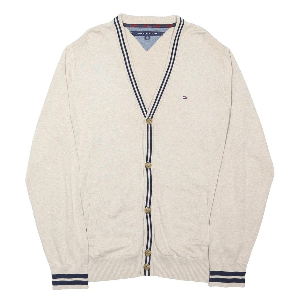 TOMMY HILFIGER Womens Cream & Navy Button Up Plain V-Neck Basic Knit Cardigan S