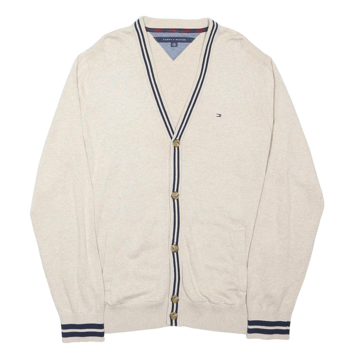 TOMMY HILFIGER Womens Cream & Navy Button Up Plain V-Neck Basic Knit Cardigan S