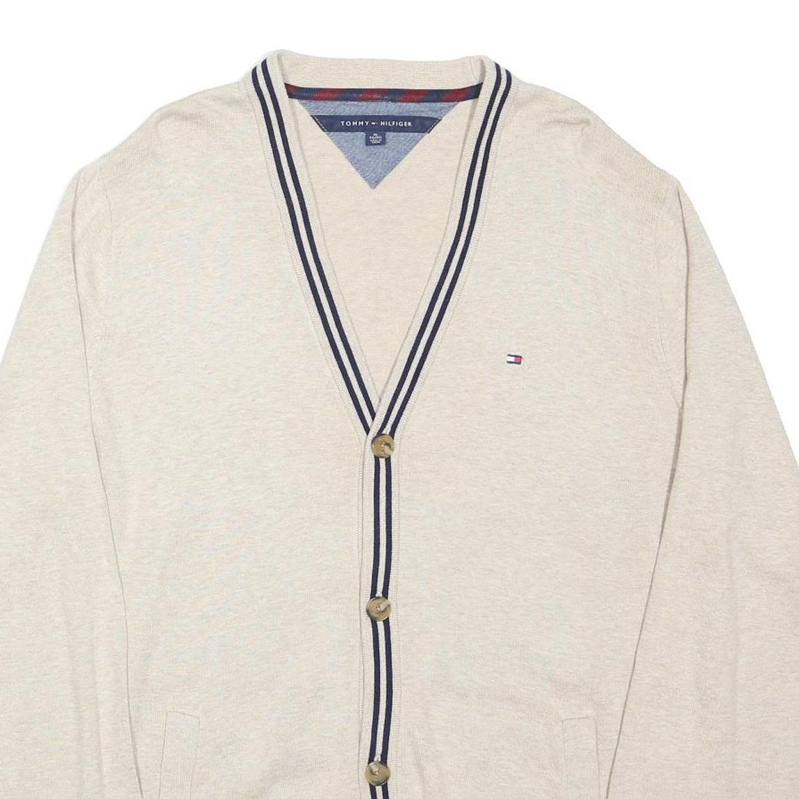 TOMMY HILFIGER Womens Cream & Navy Button Up Plain V-Neck Basic Knit Cardigan S