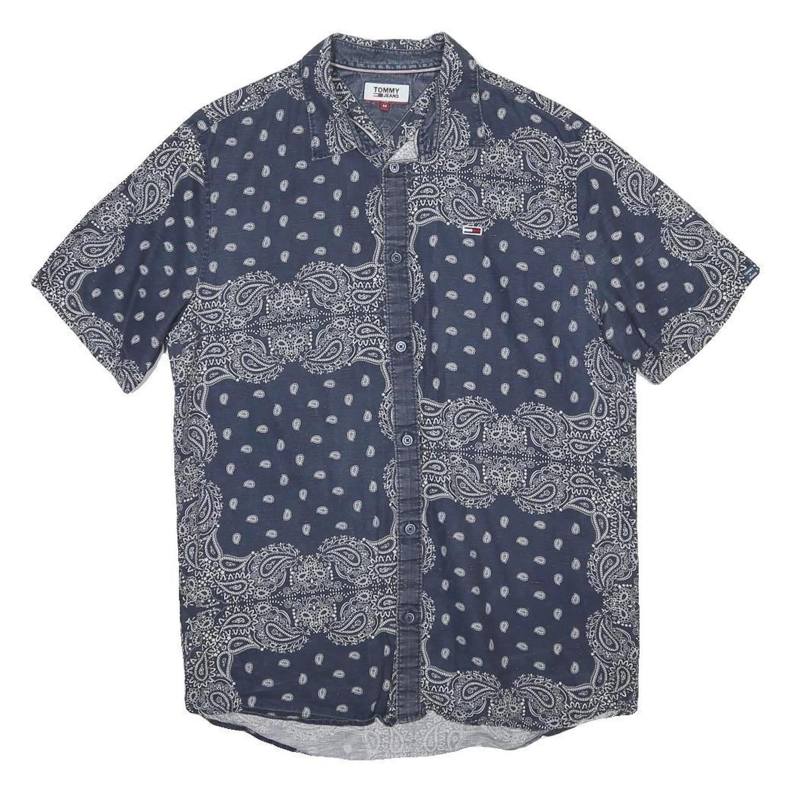 TOMMY JEANS Mens Blue White Paisley Print Cotton Blend Shirt M Stylish Summer