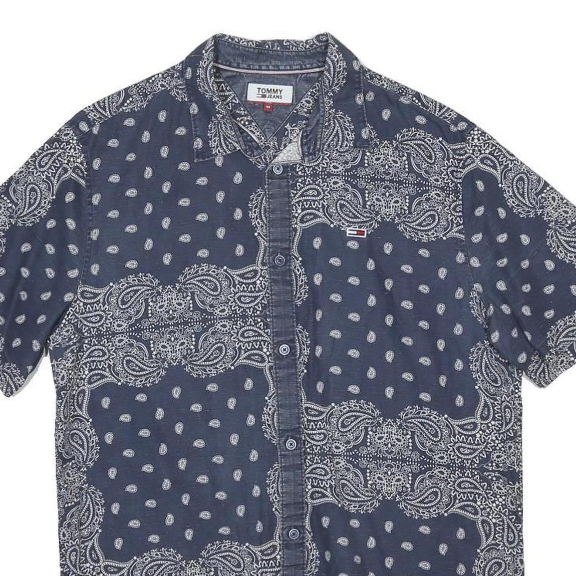 TOMMY JEANS Mens Blue White Paisley Print Cotton Blend Shirt M Stylish Summer