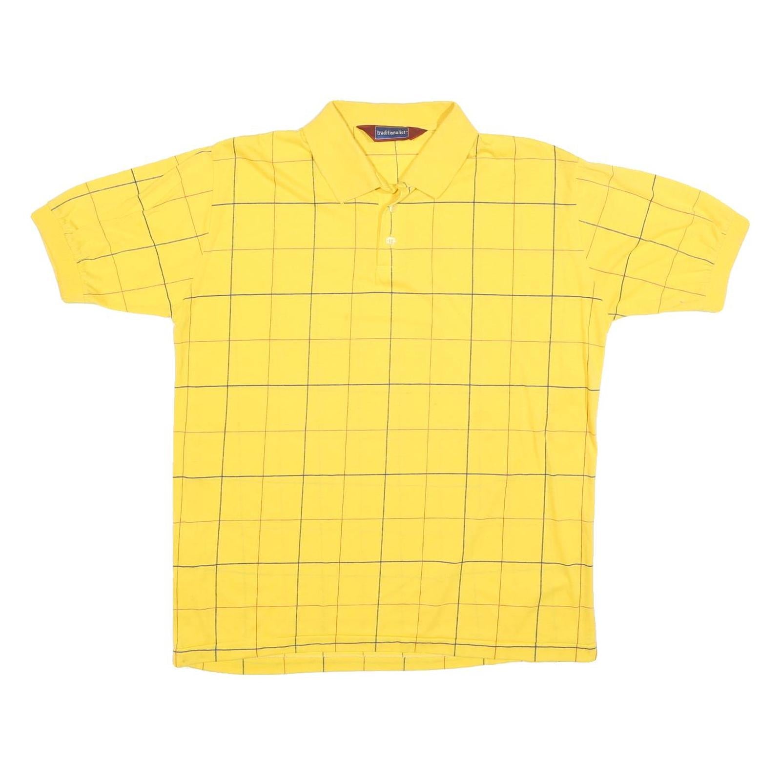 TRADITIONALIST Mens Yellow Check Short Sleeve Polo Shirt L Cotton Blend Casual