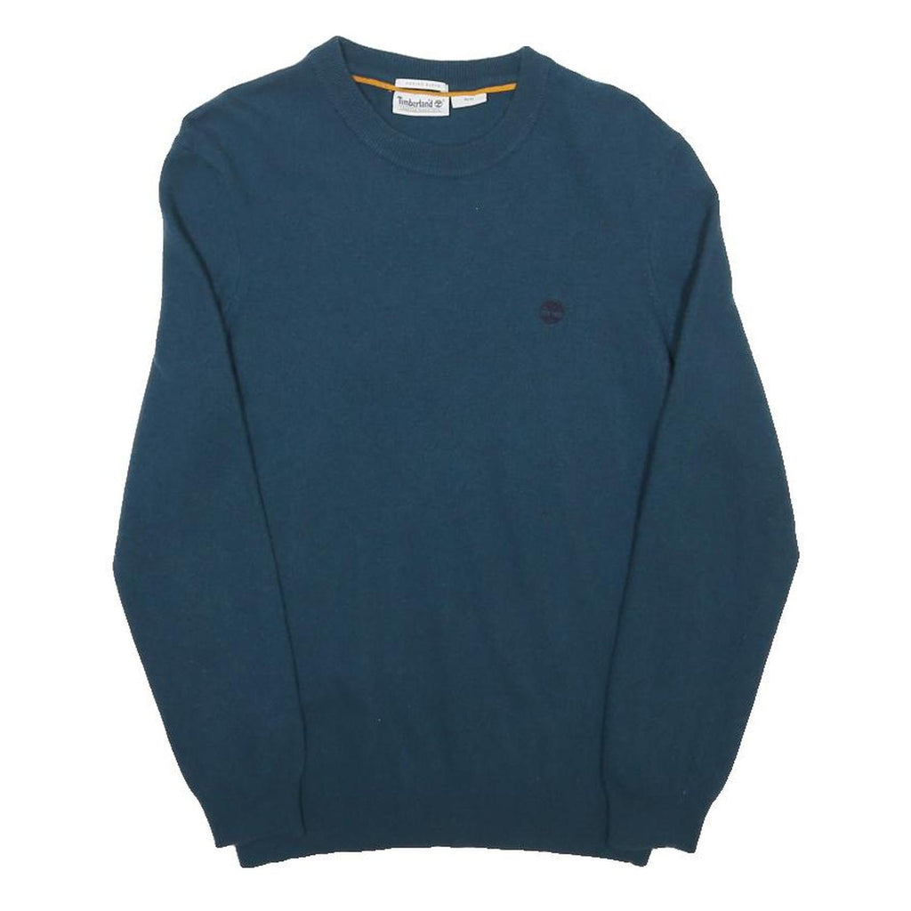 TIMBERLAND Womens Blue Plain Wool Jumper Crew Neck Basic Knit Size M Light Logo