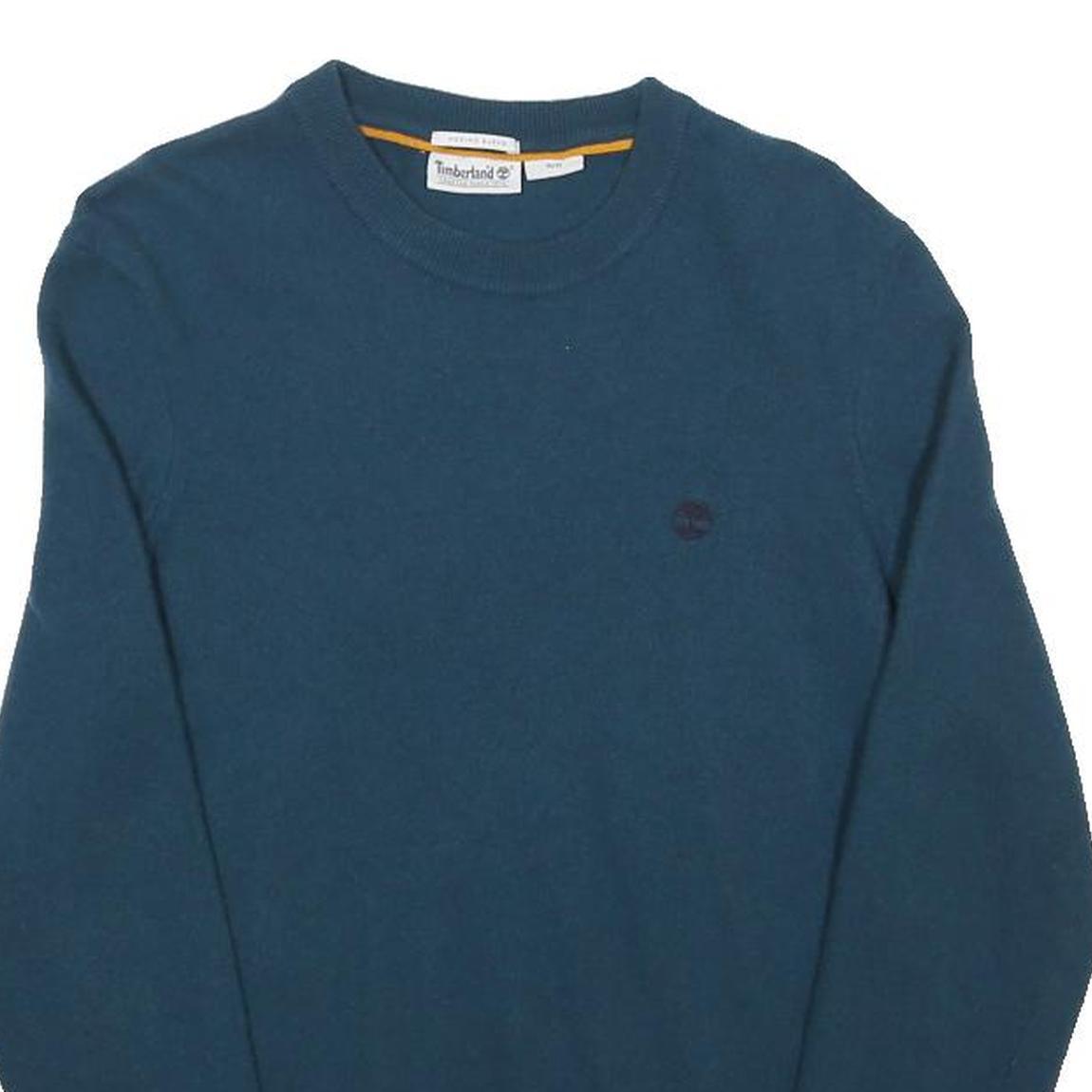 TIMBERLAND Womens Blue Plain Wool Jumper Crew Neck Basic Knit Size M Light Logo