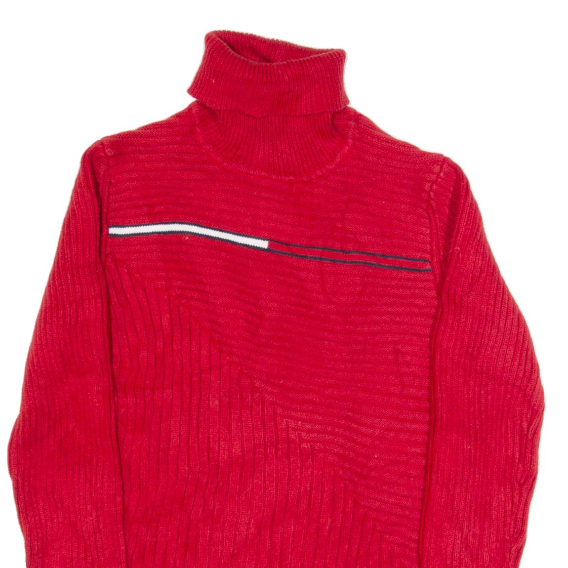 TOMMY HILFIGER Womens Jumper Red Roll Neck Tight Knit M