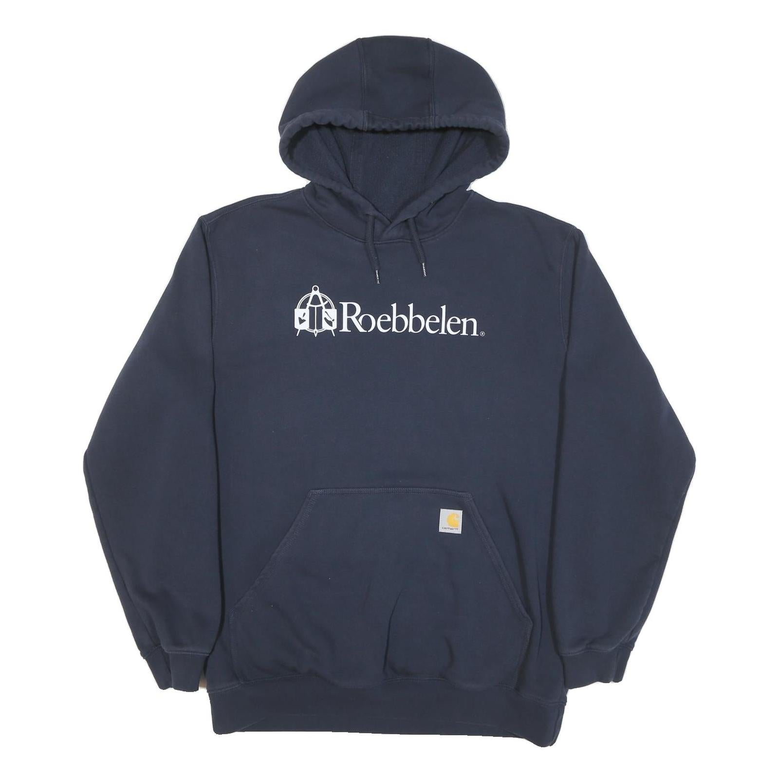 CARHARTT Mens Navy Blue Logo Print Hoodie L Cotton Blend Pullover Drawstring