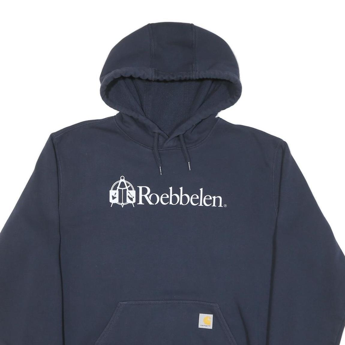 CARHARTT Mens Navy Blue Logo Print Hoodie L Cotton Blend Pullover Drawstring