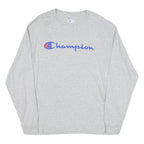 CHAMPION Mens Grey Long Sleeve Crew Neck Cotton Blend T-Shirt L Logo Graphic