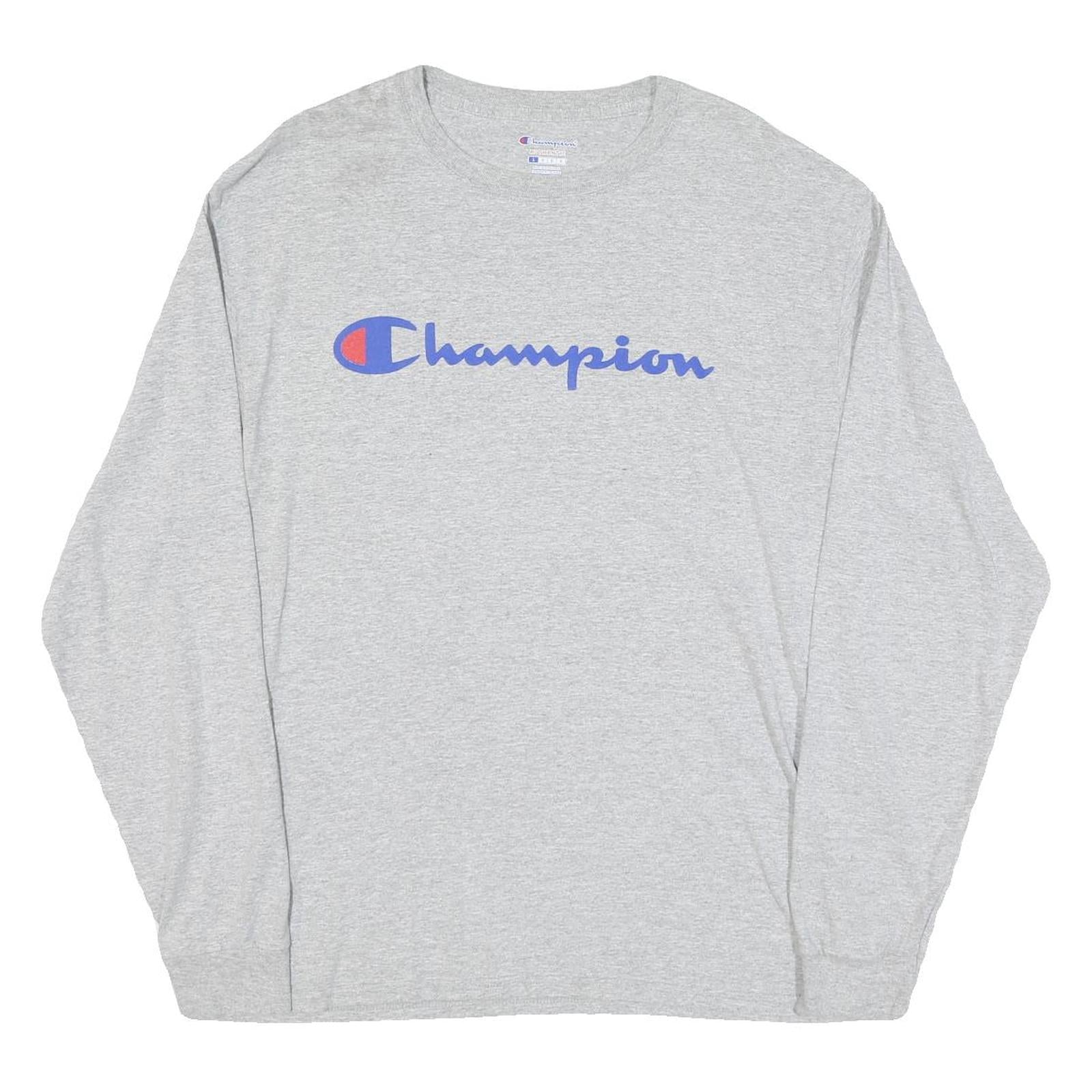 CHAMPION Mens Grey Long Sleeve Crew Neck Cotton Blend T-Shirt L Logo Graphic
