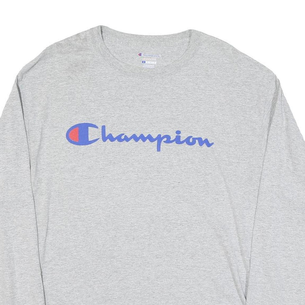 CHAMPION Mens Grey Long Sleeve Crew Neck Cotton Blend T-Shirt L Logo Graphic