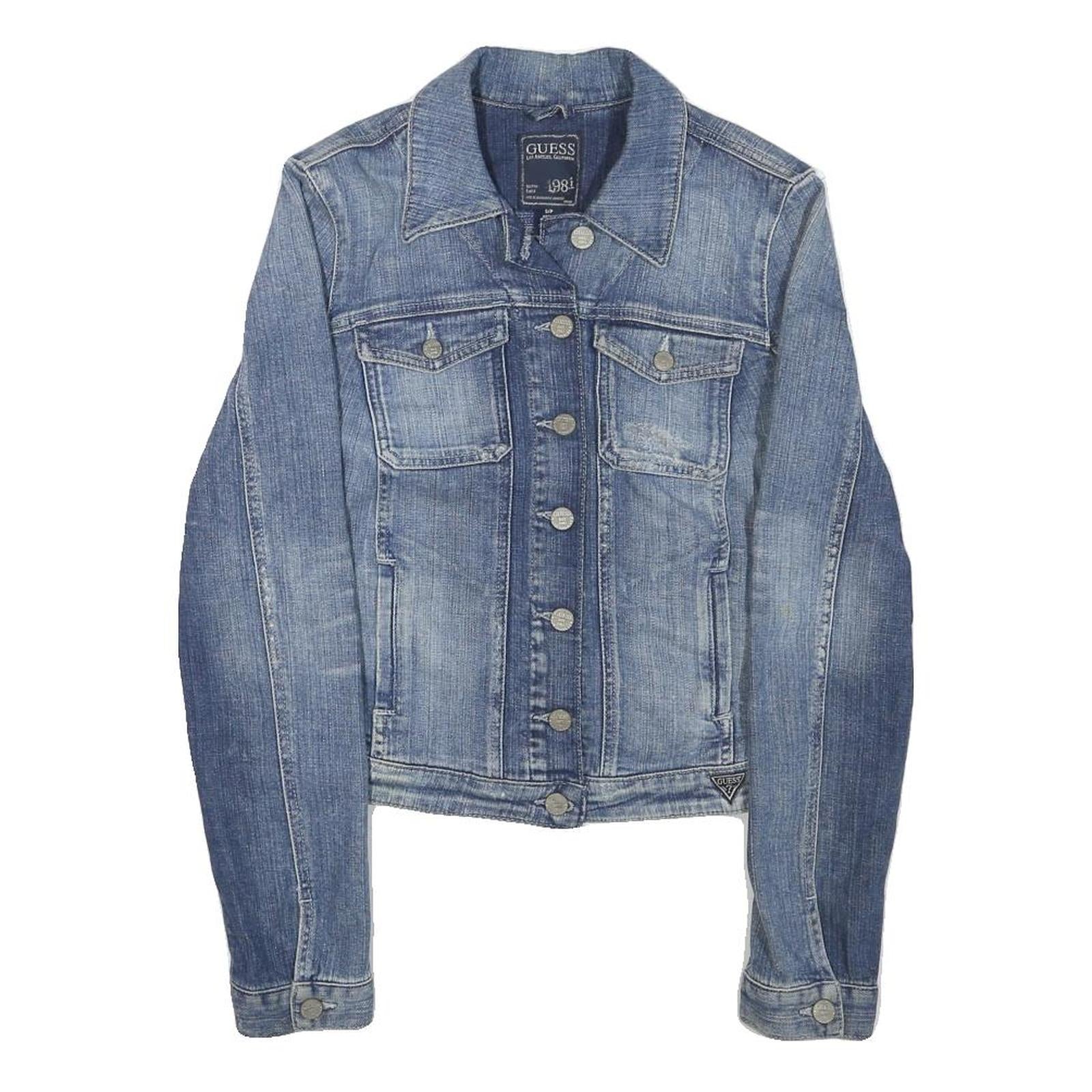 GUESS Womens Blue Denim Jacket S Cotton Blend Button Closure Classic Fit Casual