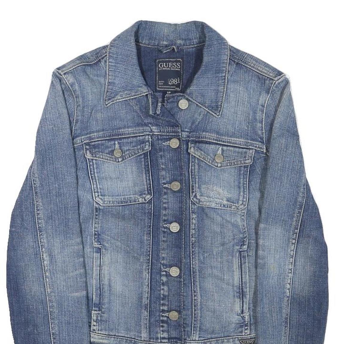 GUESS Womens Blue Denim Jacket S Cotton Blend Button Closure Classic Fit Casual