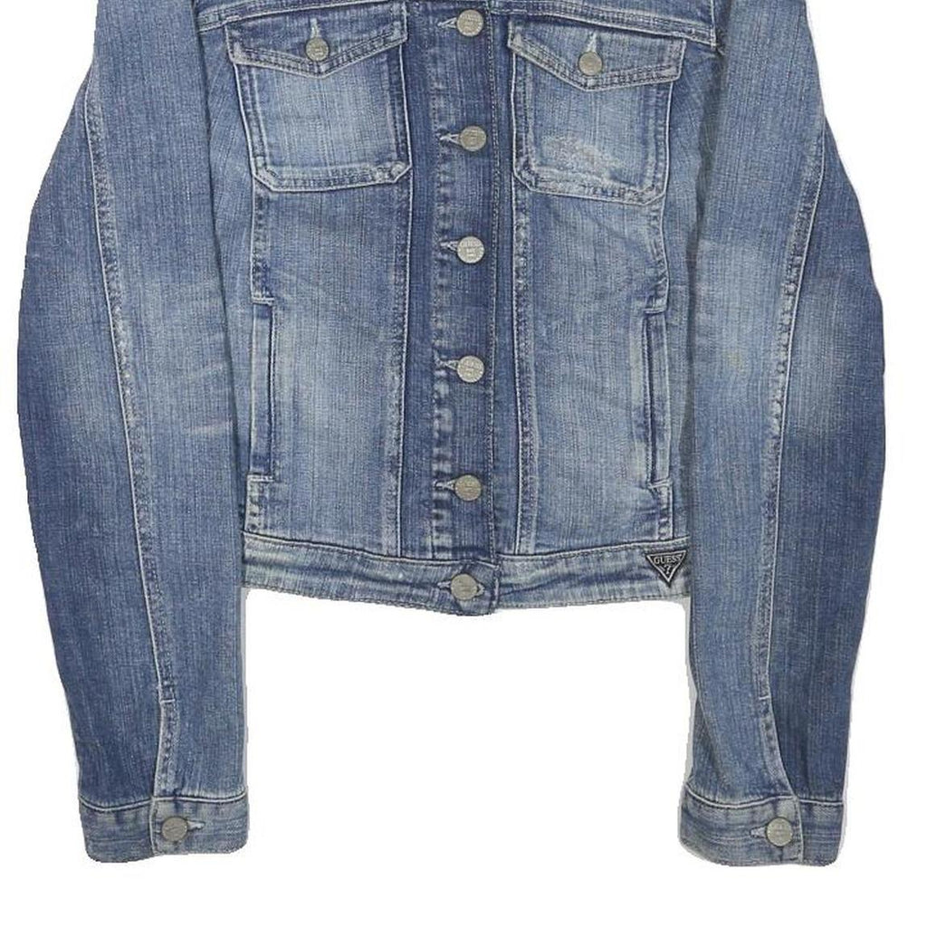 GUESS Womens Blue Denim Jacket S Cotton Blend Button Closure Classic Fit Casual