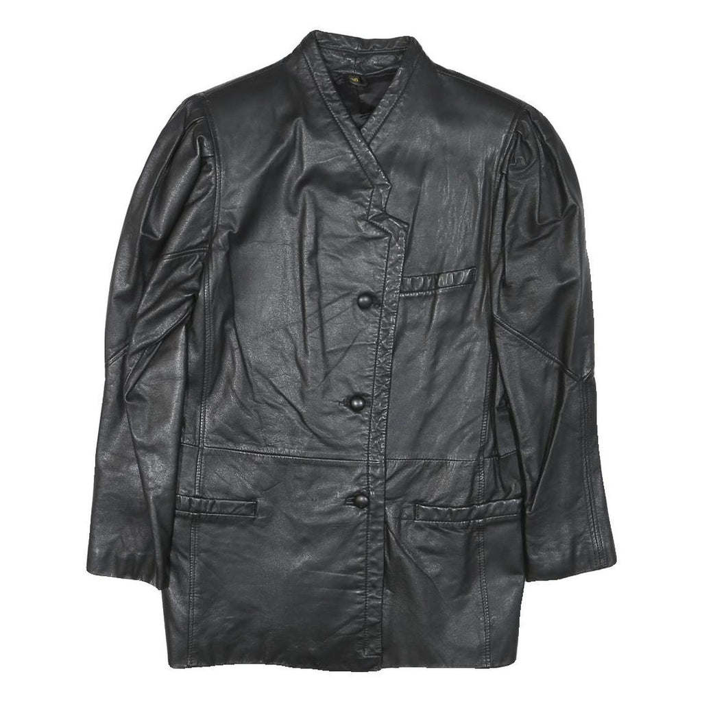 Womens Black Leather Button Jacket XS Plain Stylish Classic Fit Soft