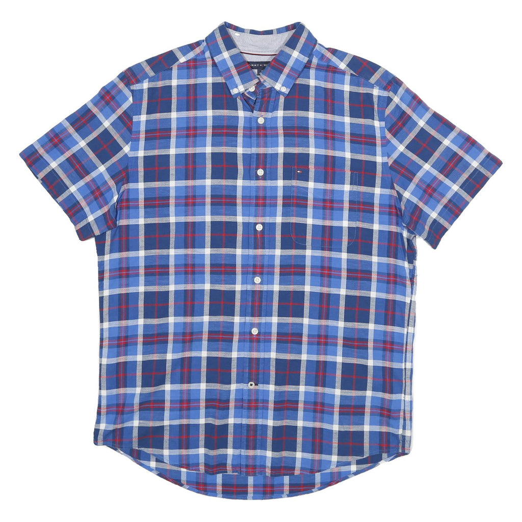 TOMMY HILFIGER Mens Blue Check Shirt M Button Down Collar Short Sleeve Casual
