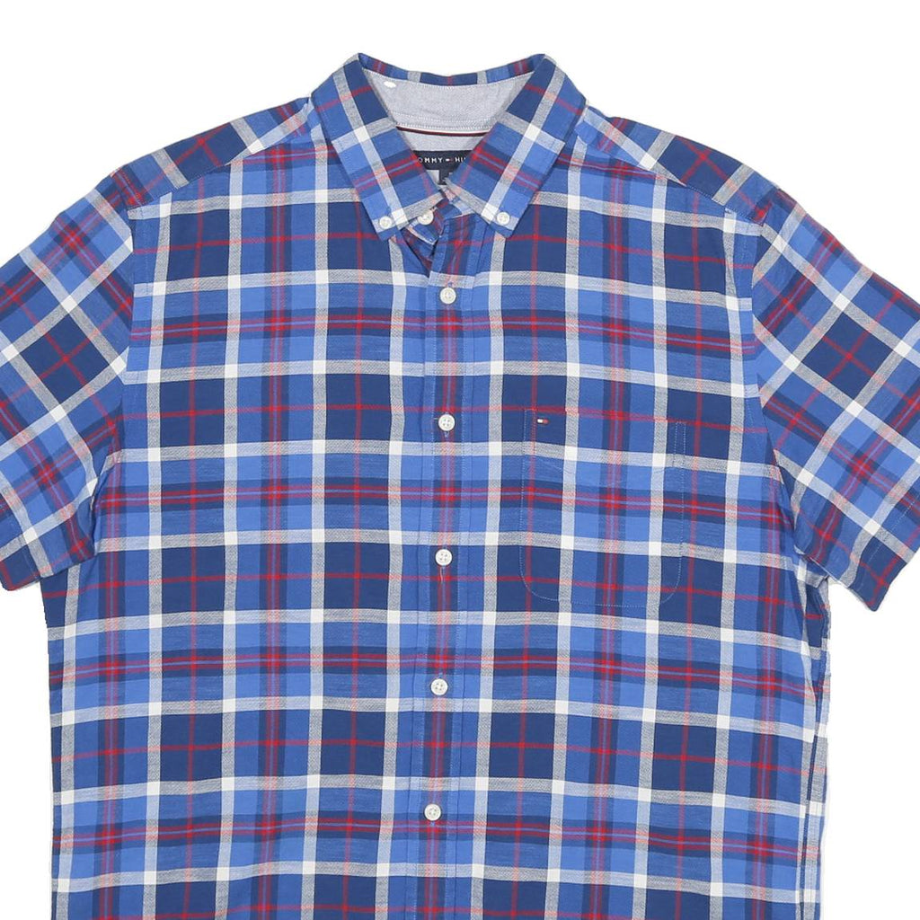 TOMMY HILFIGER Mens Blue Check Shirt M Button Down Collar Short Sleeve Casual