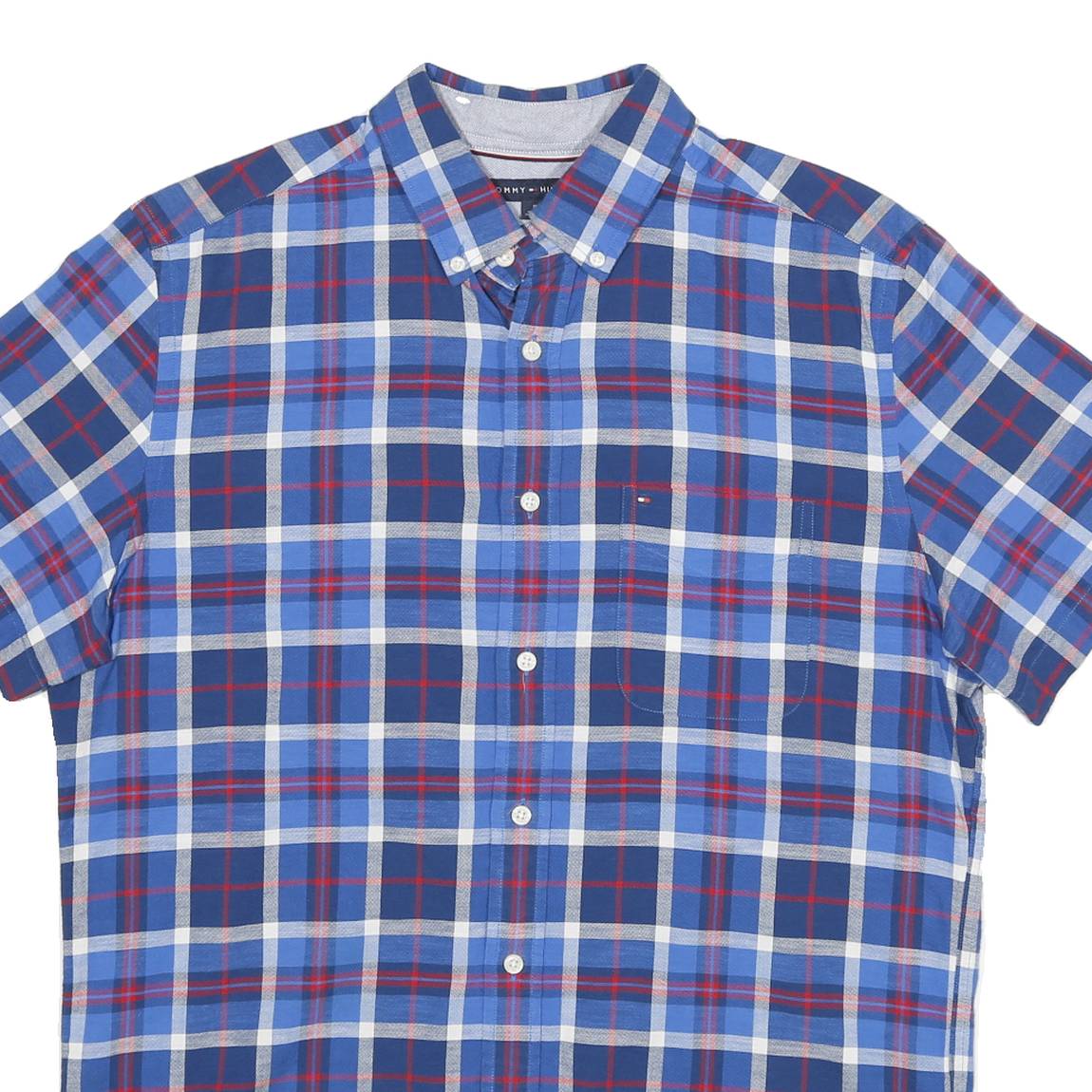 TOMMY HILFIGER Mens Blue Check Shirt M Button Down Collar Short Sleeve Casual