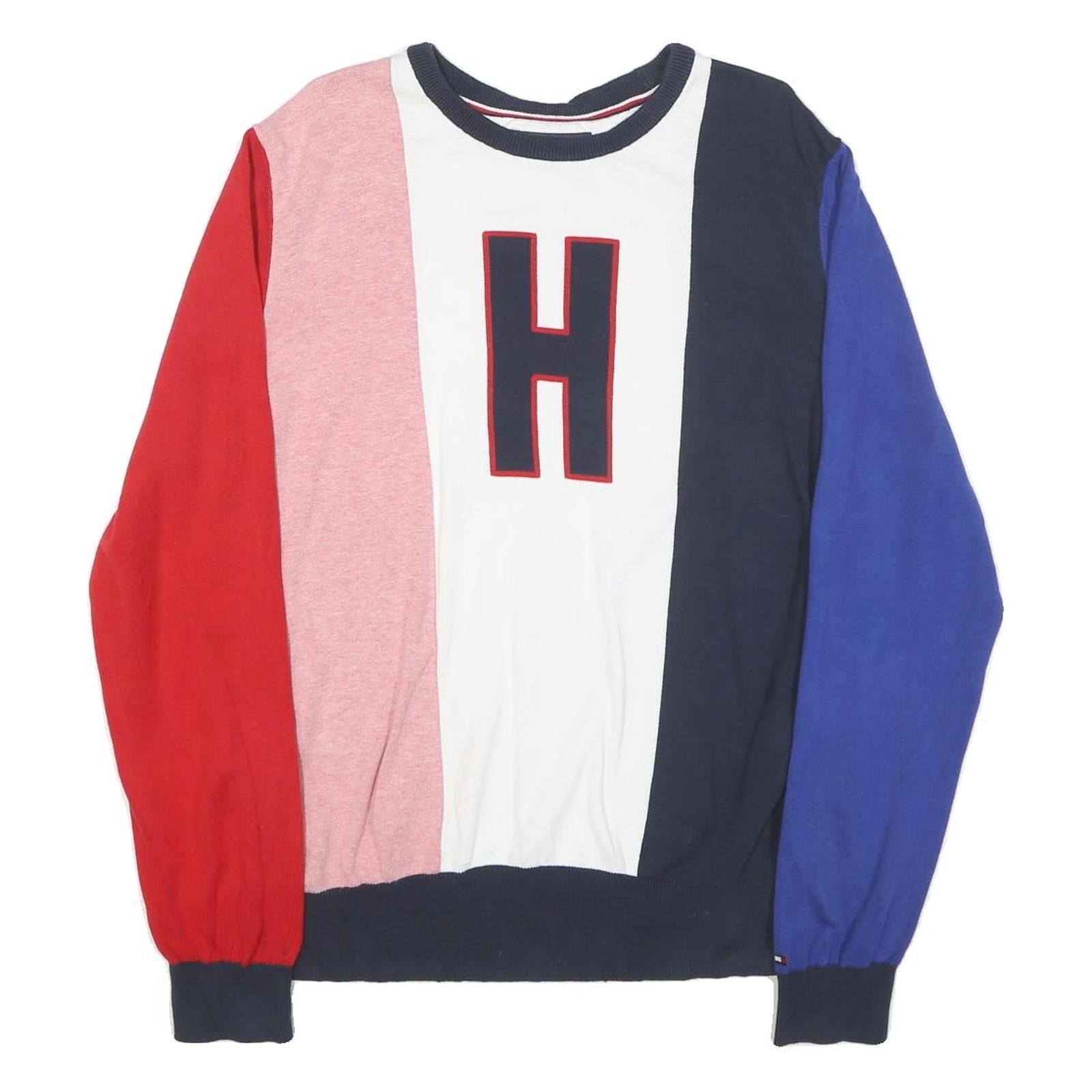 TOMMY HILFIGER Mens Red Pink White Navy Blue Colourblock Jumper Crew Neck Basic