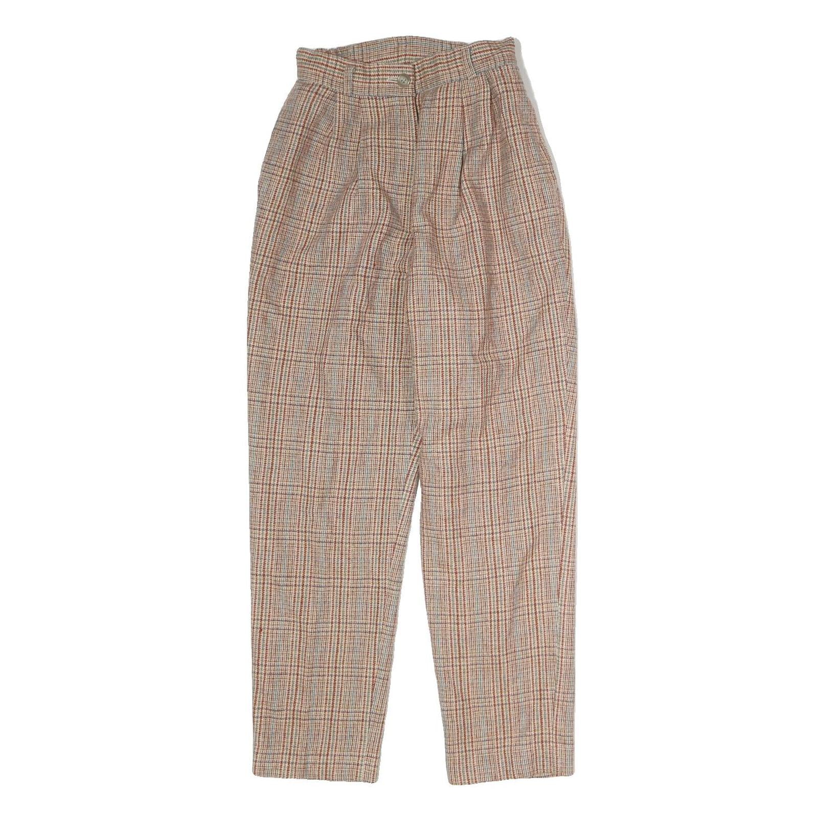 Womens Regular Fit Beige Checked Cotton Blend Trousers W22 L25 Zip Closure