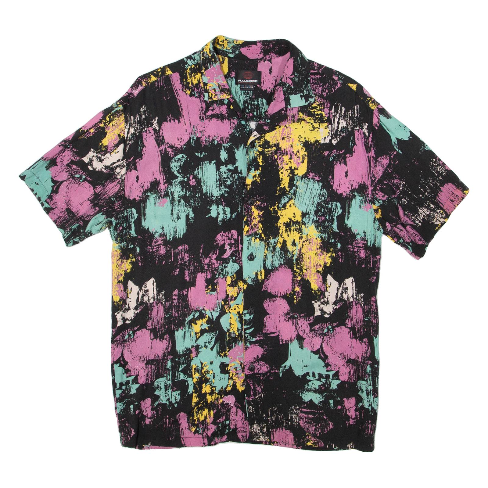 PULL & BEAR Mens Shirt Black Crazy Pattern S