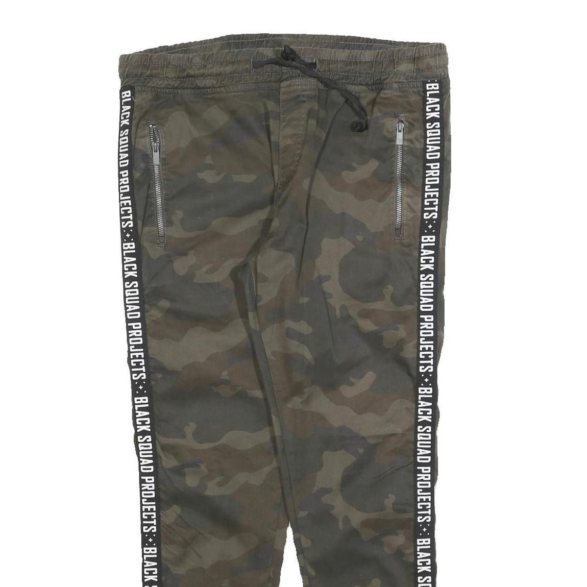 BLACK SQUAD Mens Cotton Blend Green Camouflage Slim Tapered Trousers W34 L30