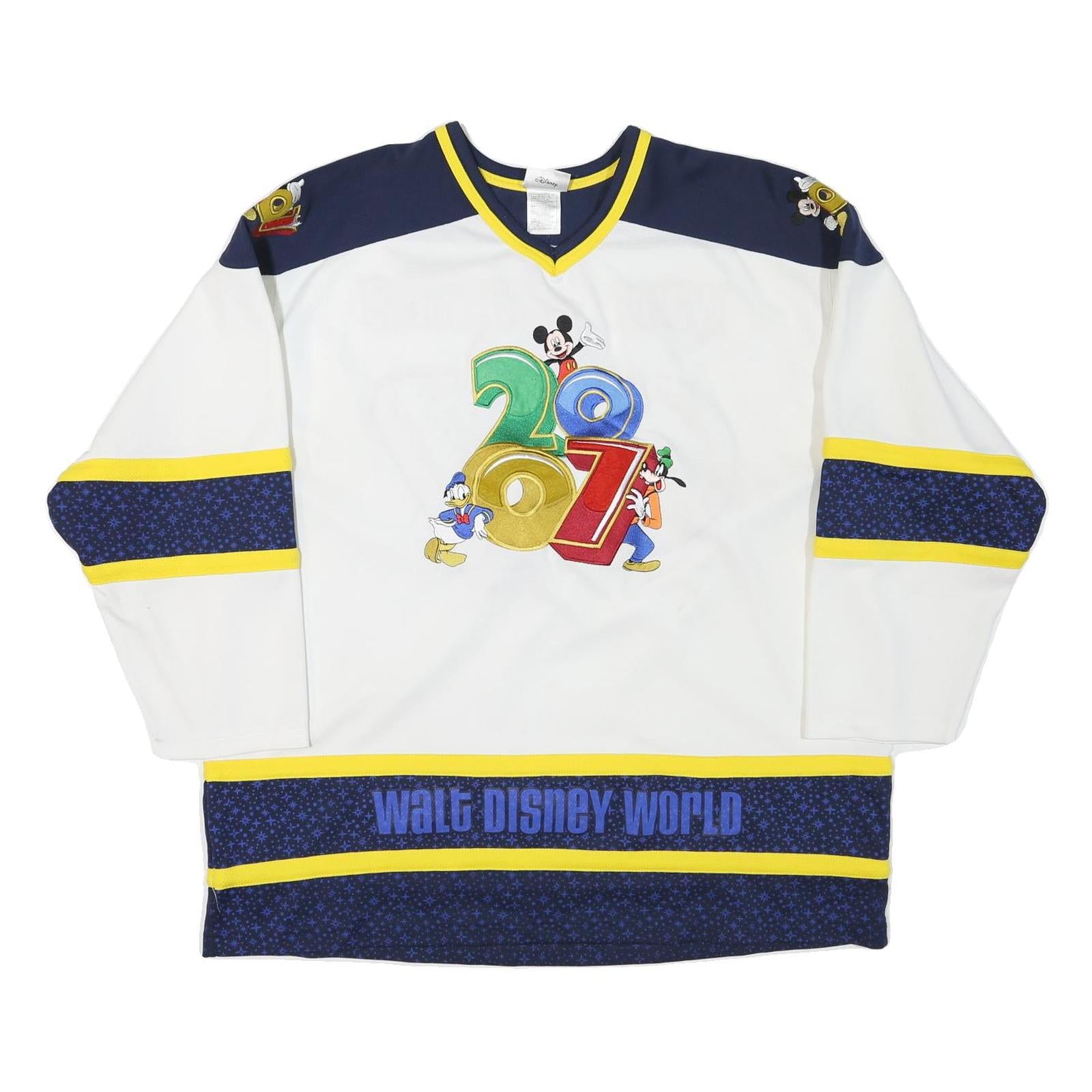 DISNEY Mens White Blue Yellow Disney 2007 Graphic T-Shirt 2XL Long Sleeve V-Neck