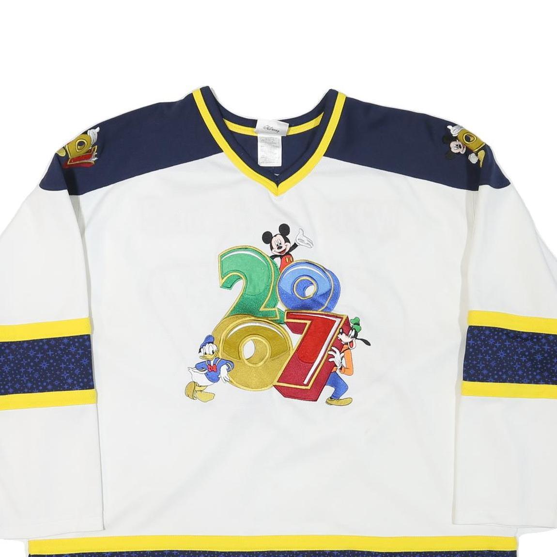 DISNEY Mens White Blue Yellow Disney 2007 Graphic T-Shirt 2XL Long Sleeve V-Neck
