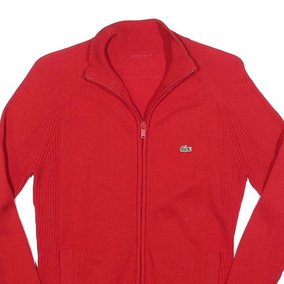 LACOSTE Mens Red Plain Zip Jumper Crew Neck Basic Knit XS Cotton Blend
