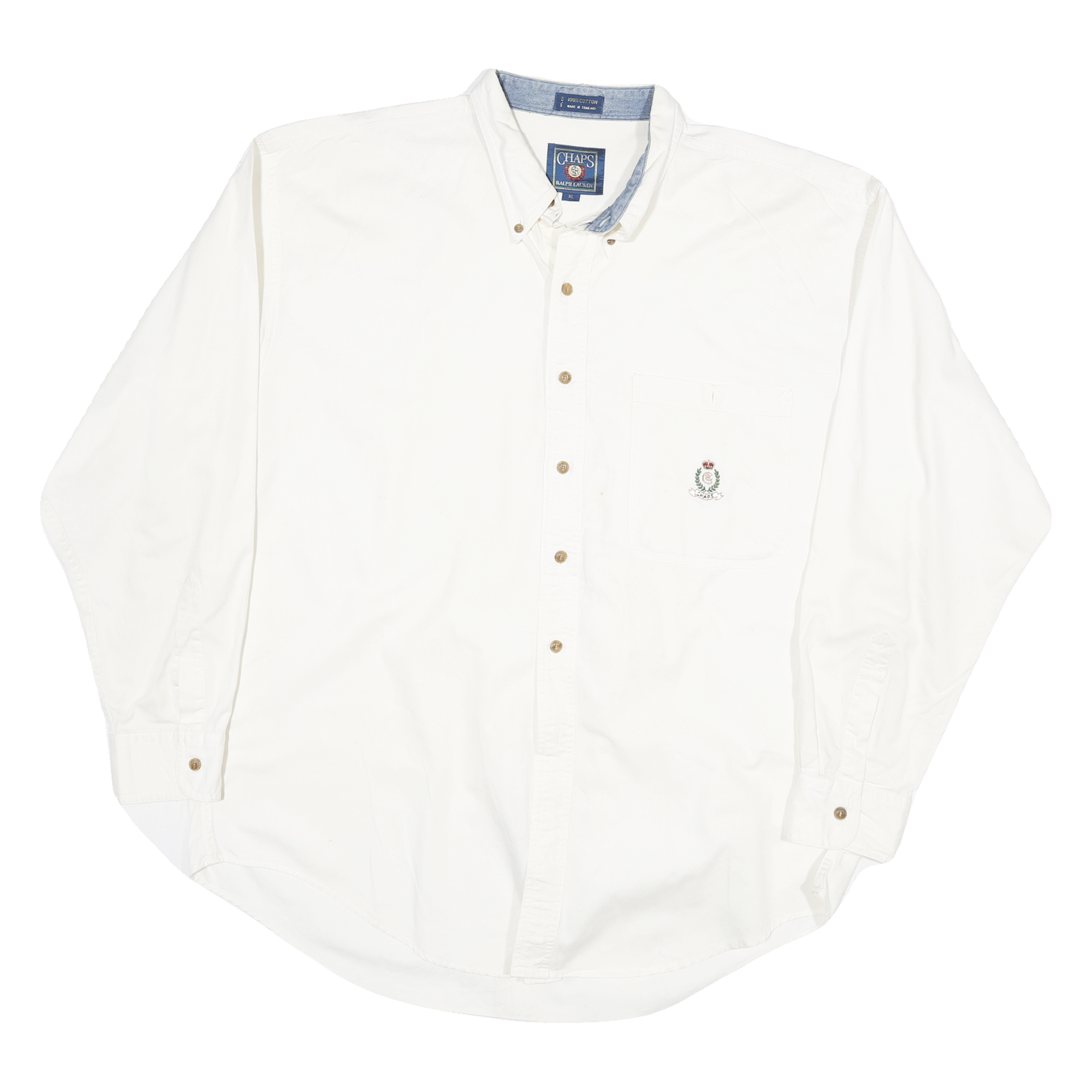 CHAPS Mens White Shirt XL Cotton Blend Button Down Crest Embroidered Pocket