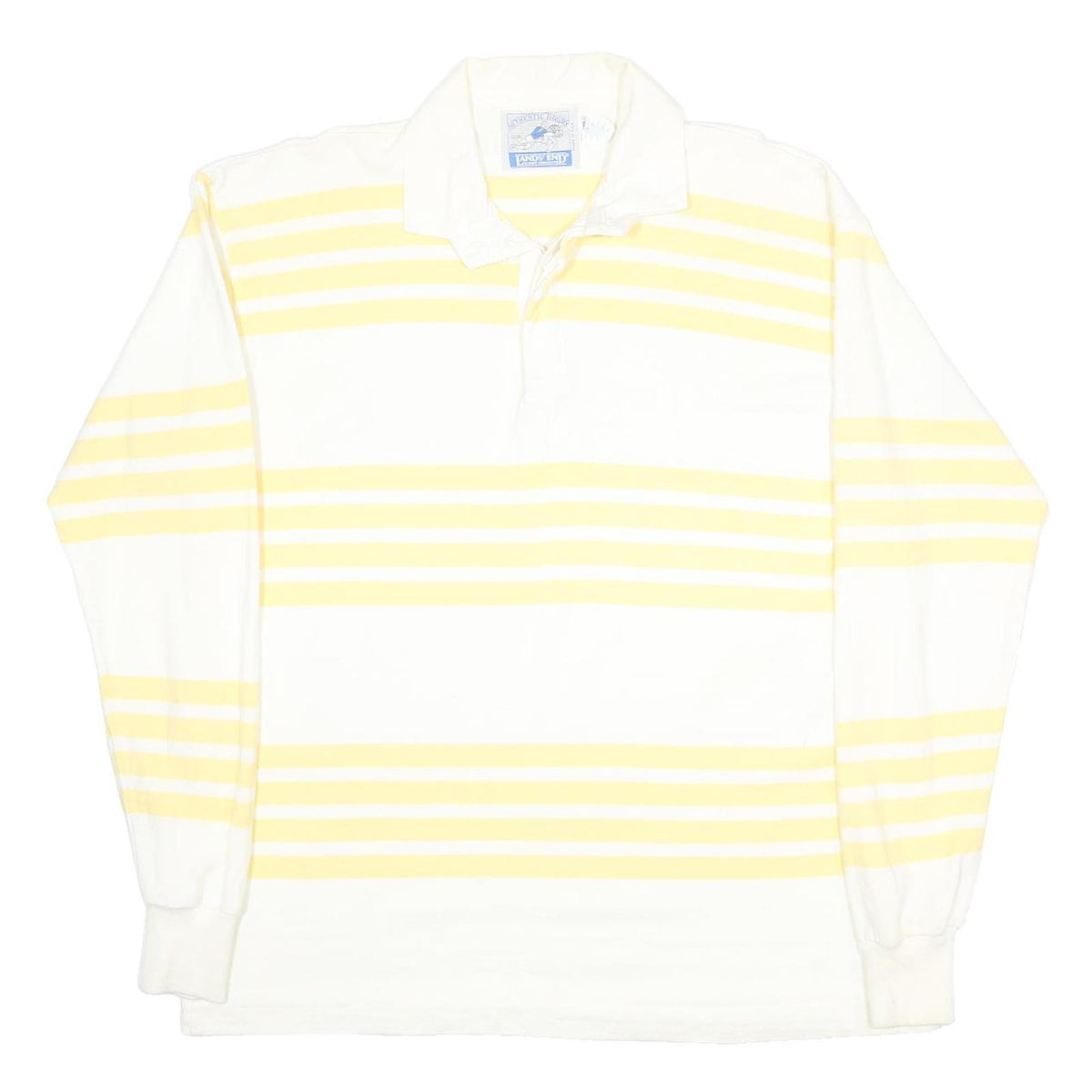 LANDS END Mens White & Yellow Striped Long Sleeve Polo Shirt XL Cotton Casual