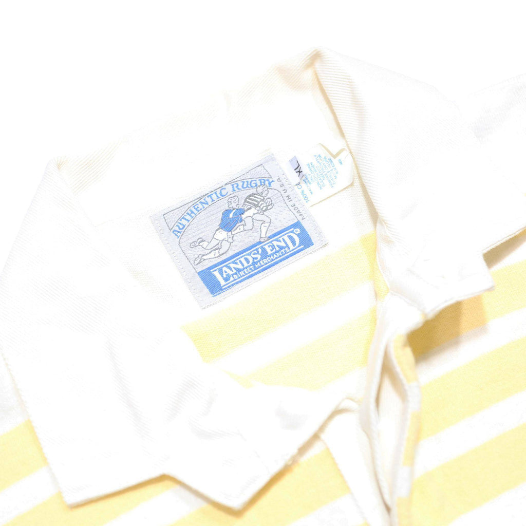 LANDS END Mens White & Yellow Striped Long Sleeve Polo Shirt XL Cotton Casual