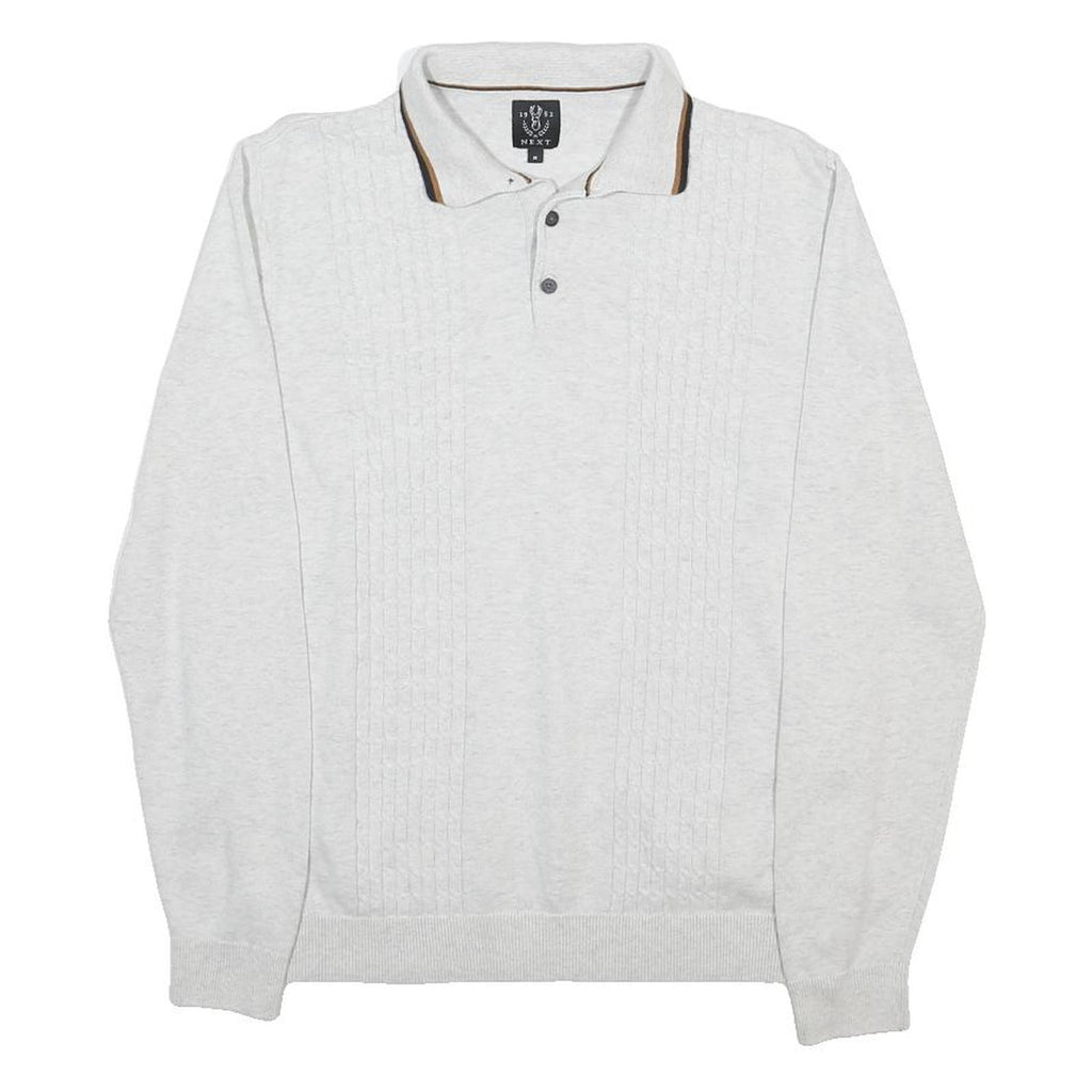NEXT Mens White Polo Collar Patterned Jumper Cotton Cable Knit M Lightweight