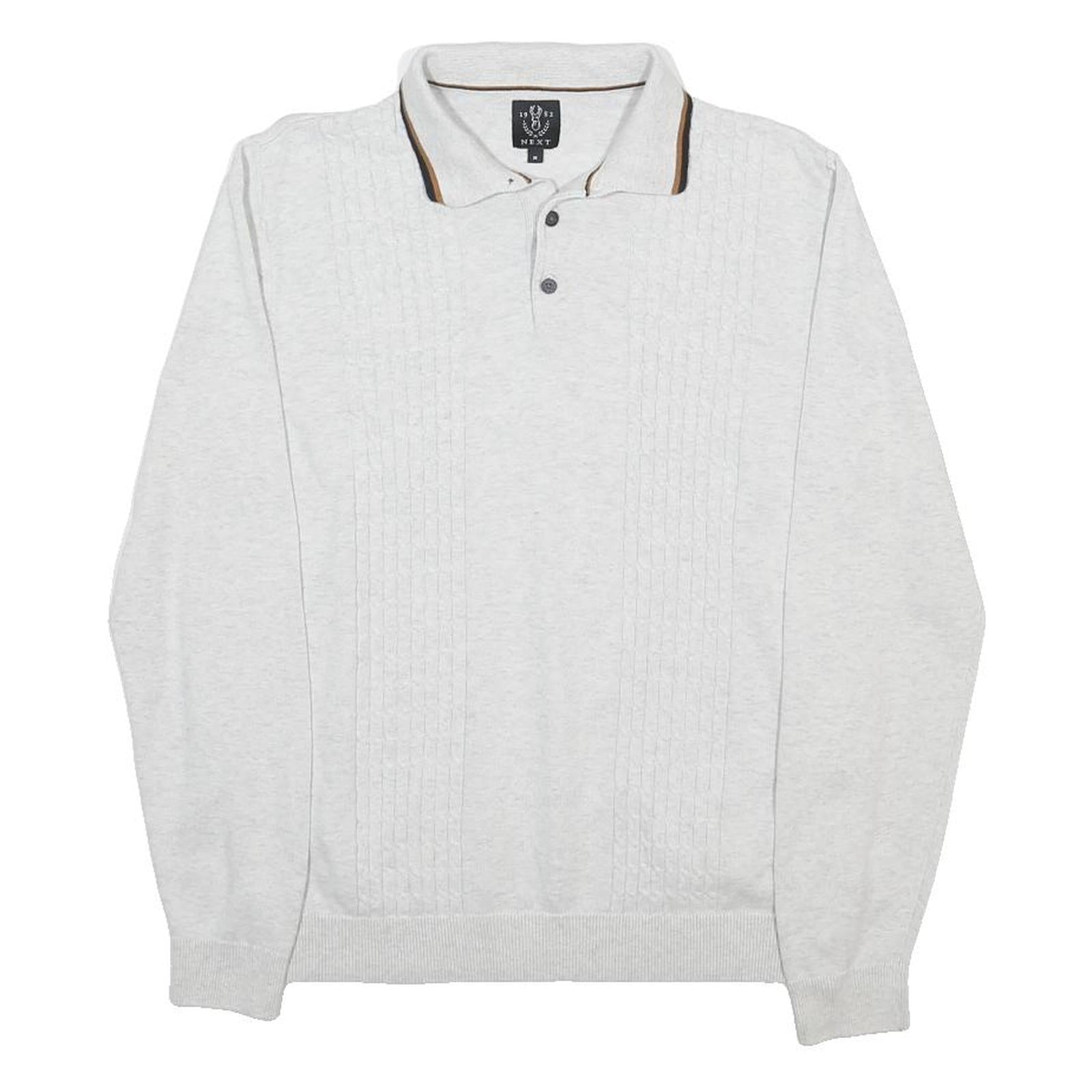 NEXT Mens White Polo Collar Patterned Jumper Cotton Cable Knit M Lightweight