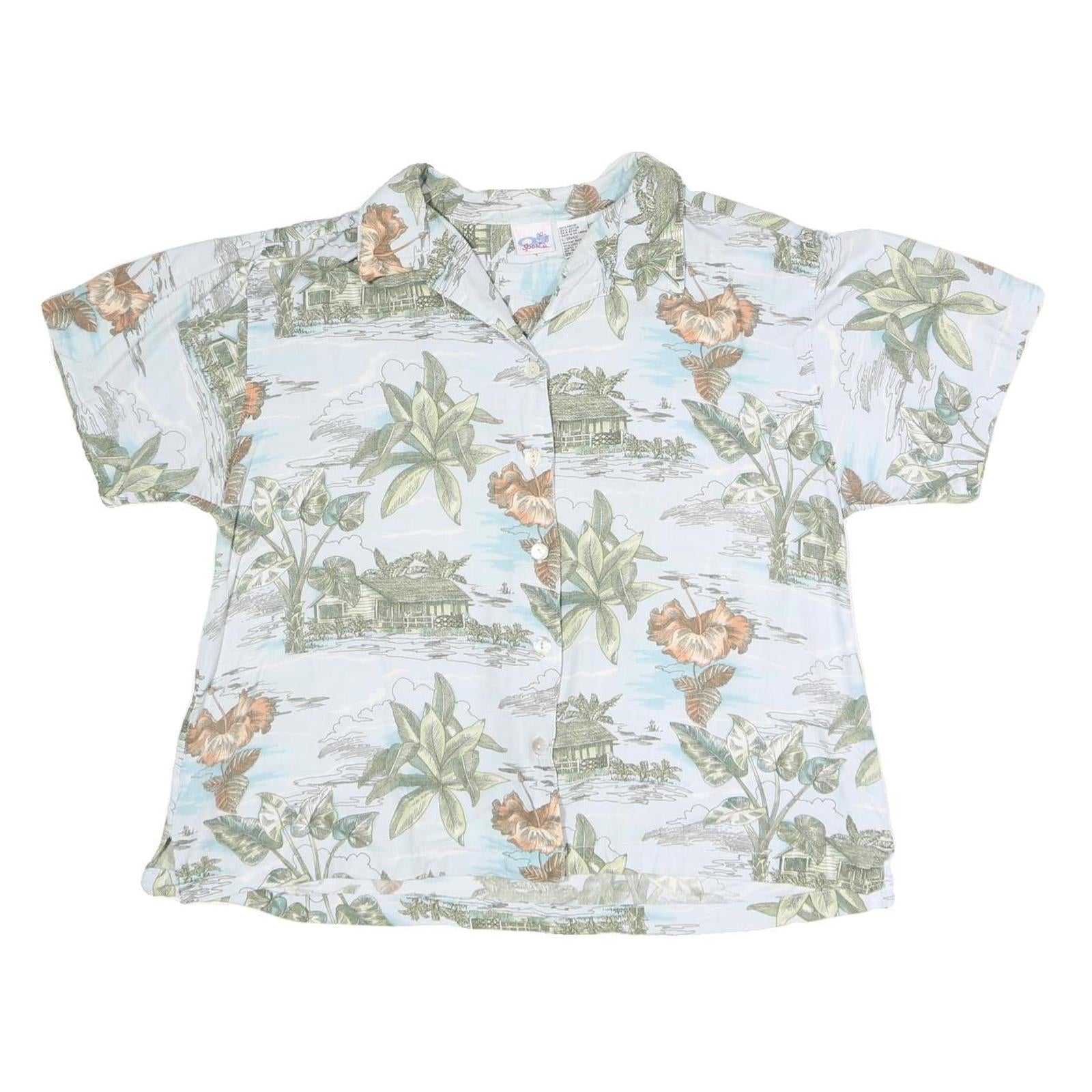 OSPORT Womens White Printed Shirt Short Sleeve Collared Button L Cotton Blend