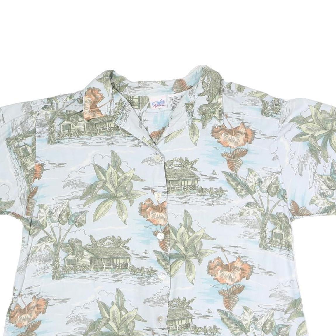 OSPORT Womens White Printed Shirt Short Sleeve Collared Button L Cotton Blend