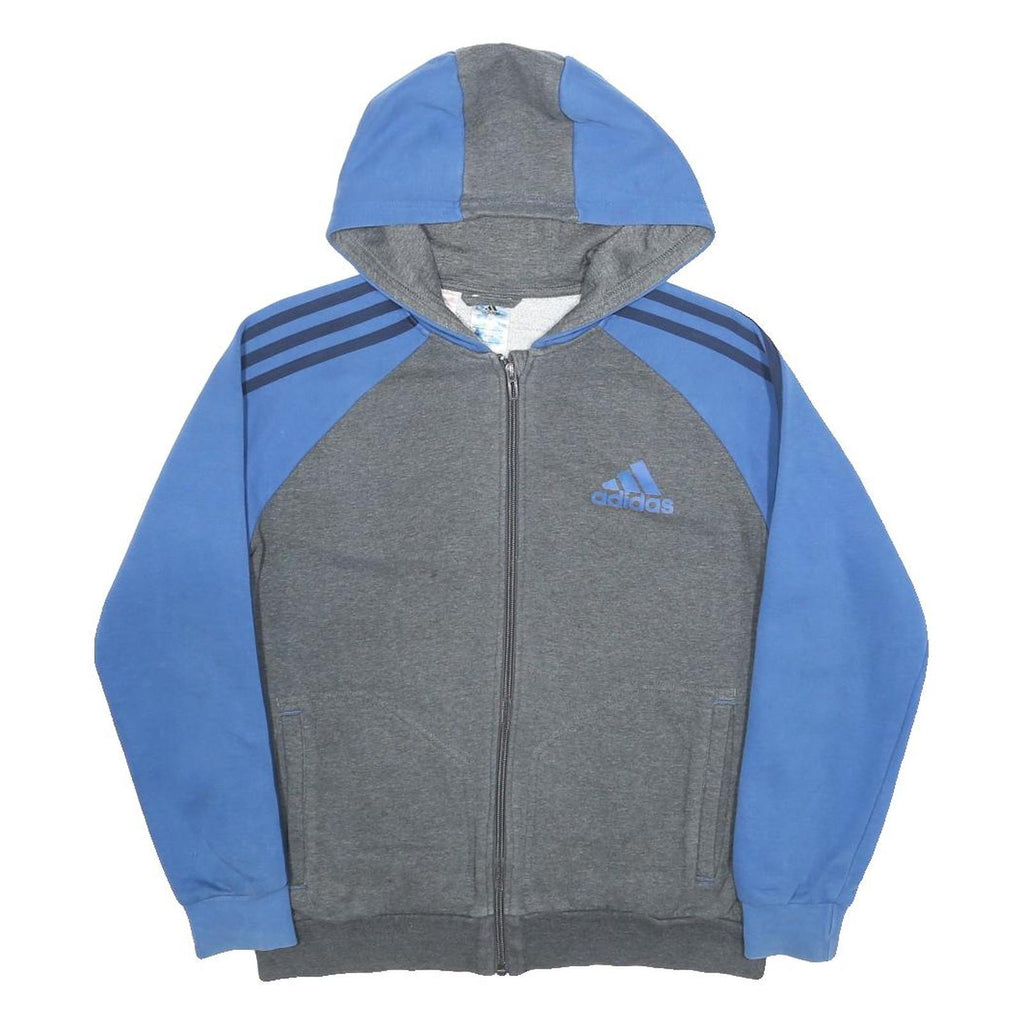 ADIDAS Boys Grey & Blue Full Zip Hoodie 12-13Y Cotton Blend Jersey Sportswear