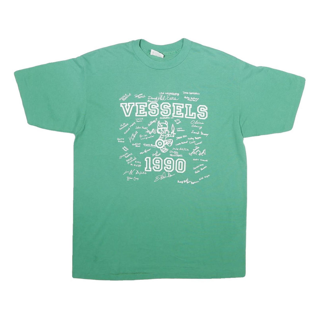 HANES Mens Green Vessels 1990 Graphic T-Shirt L Short Sleeve Crew Neck Vintage