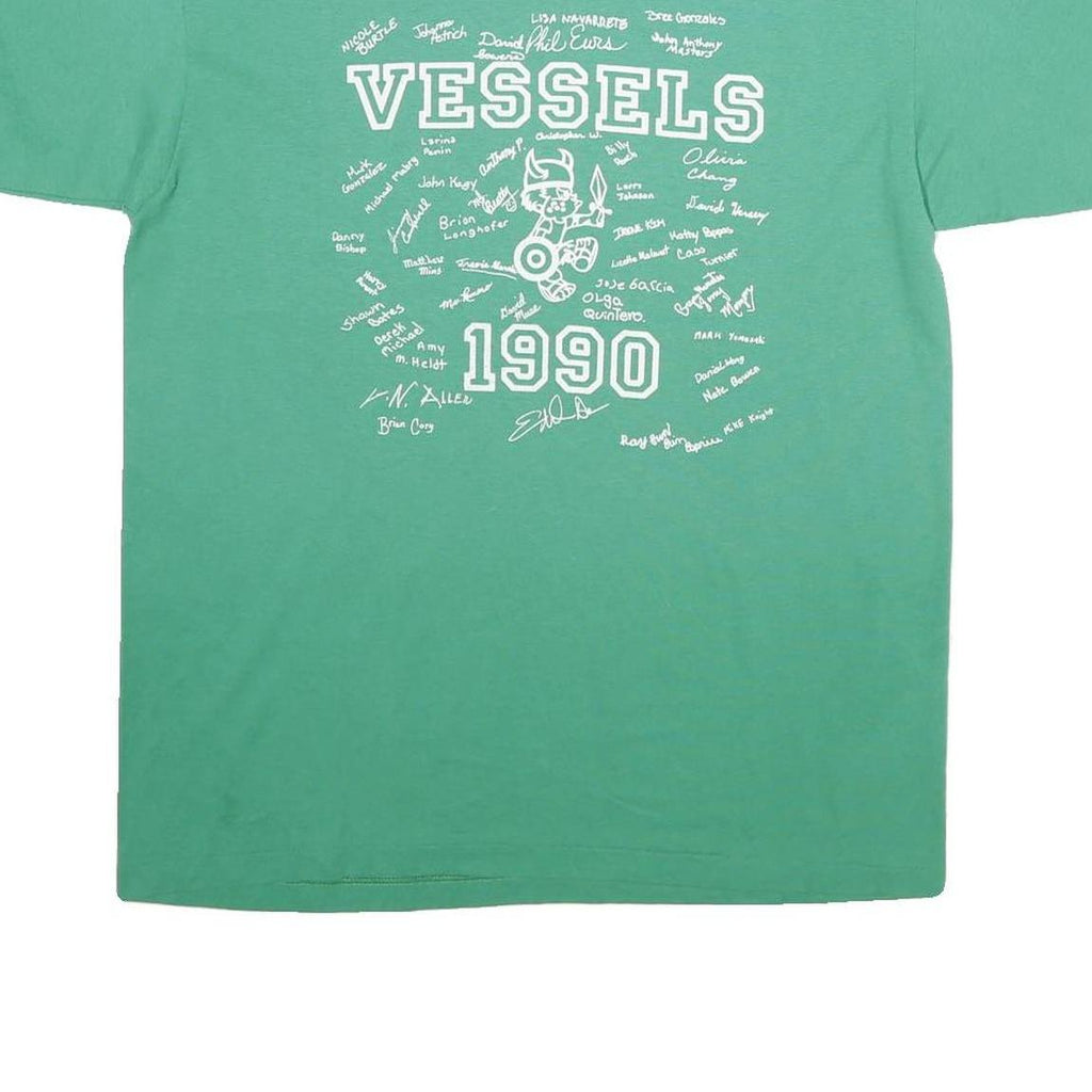 HANES Mens Green Vessels 1990 Graphic T-Shirt L Short Sleeve Crew Neck Vintage