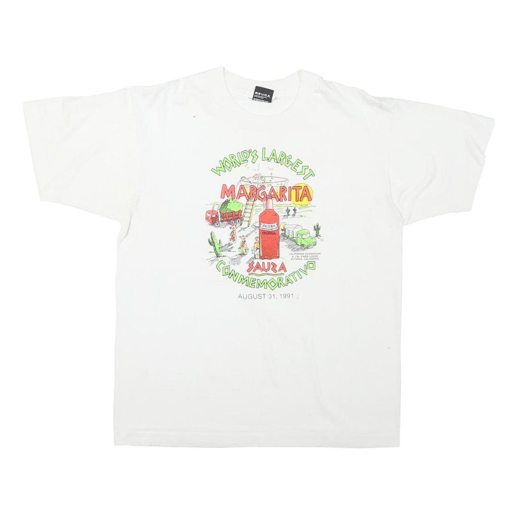 THE BEST Mens White World Lst Margarita Graphic T-Shirt L Short Sleeve Crew Neck