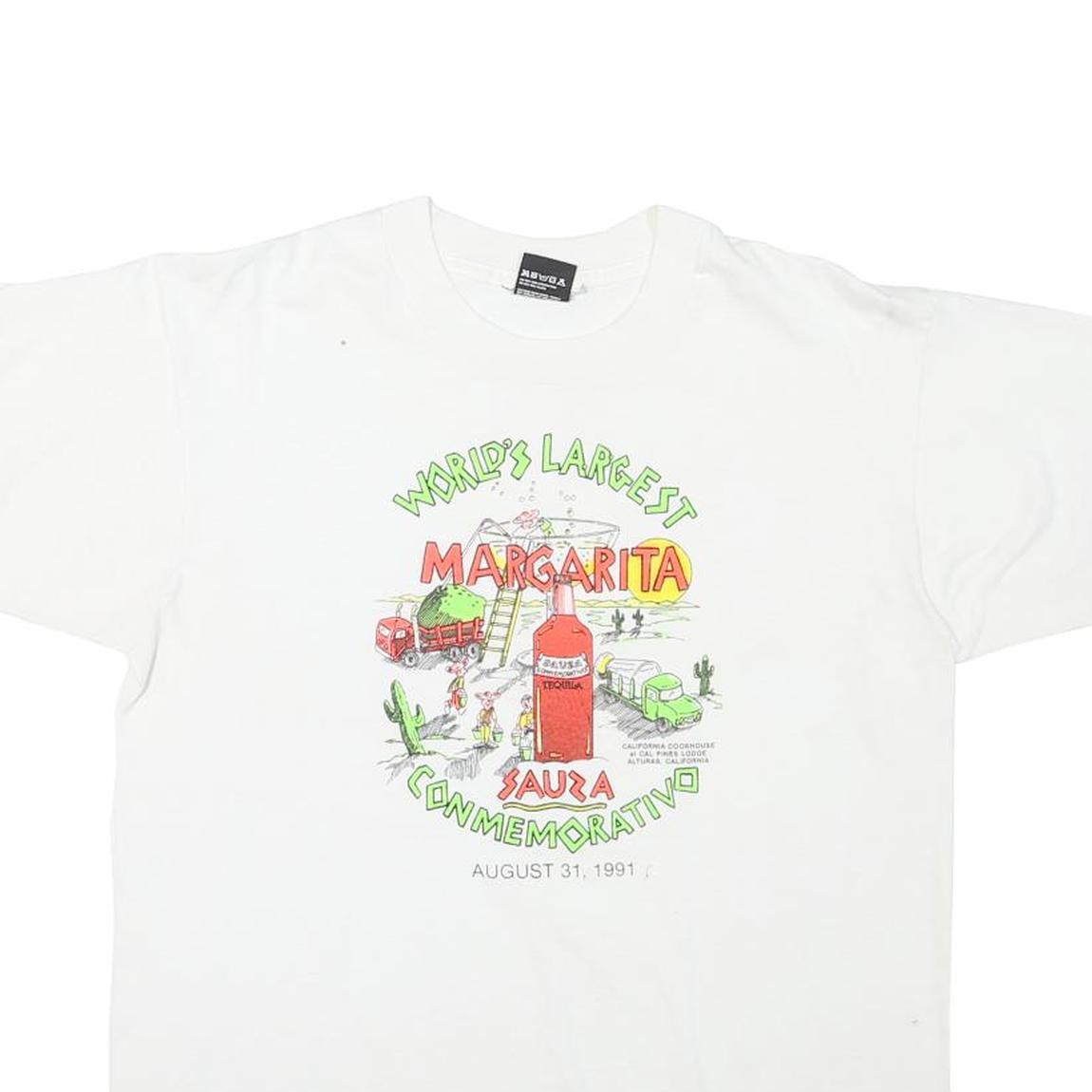 THE BEST Mens White World Lst Margarita Graphic T-Shirt L Short Sleeve Crew Neck