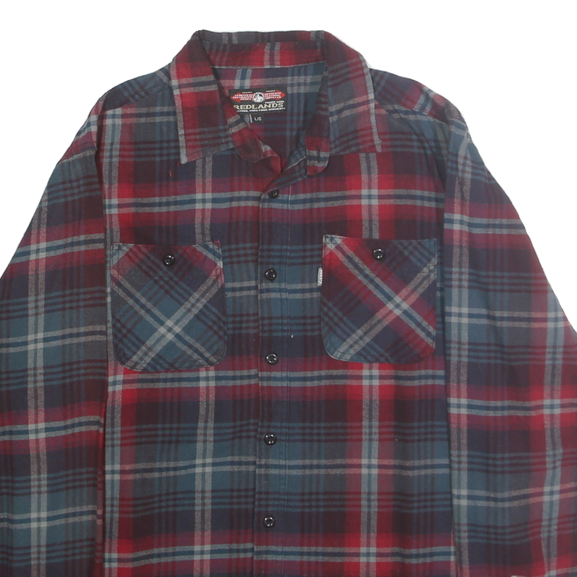 REDLANDS Mens Blue & Red Plaid Shirt L Cotton Button Collar Long Sleeve Casual