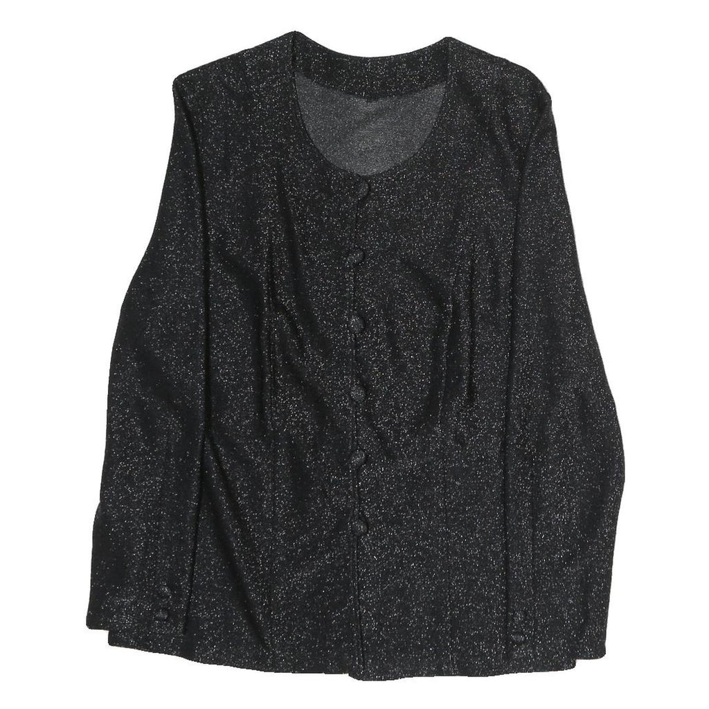 Womens Black Glitter Button Top Long Sleeve Round Neck L Sparkle