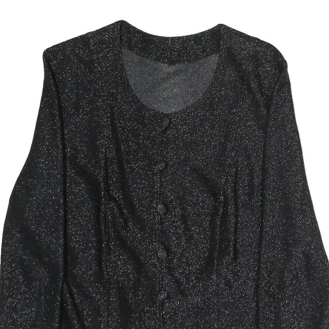 Womens Black Glitter Button Top Long Sleeve Round Neck L Sparkle