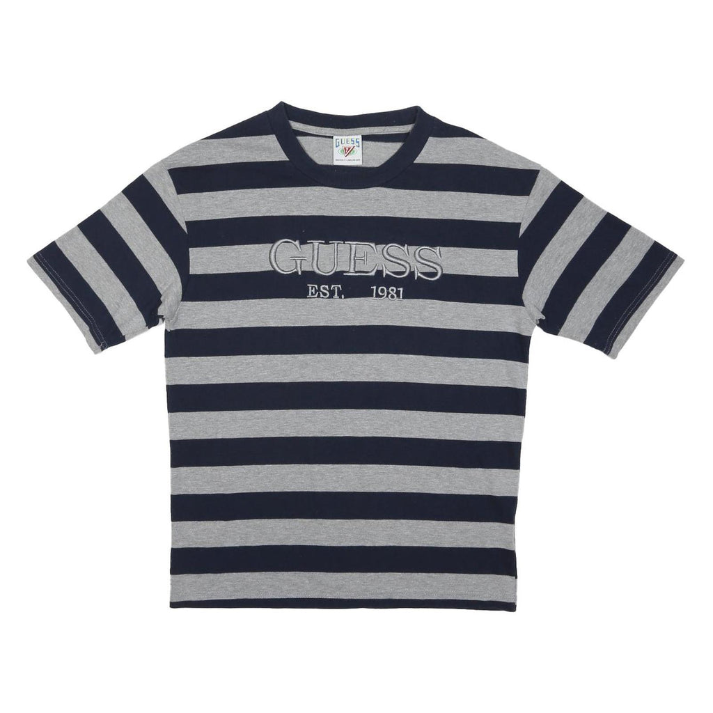 GUESS Mens Blue & Grey Striped Logo Graphic T-Shirt M Short Sleeve Crew Neck