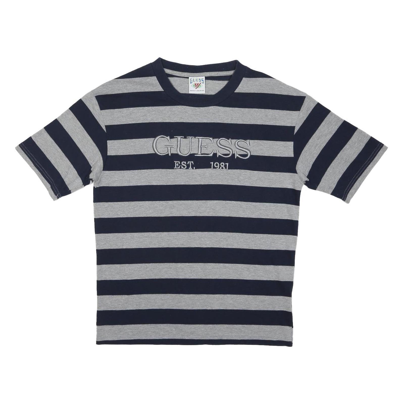 GUESS Mens Blue & Grey Striped Logo Graphic T-Shirt M Short Sleeve Crew Neck