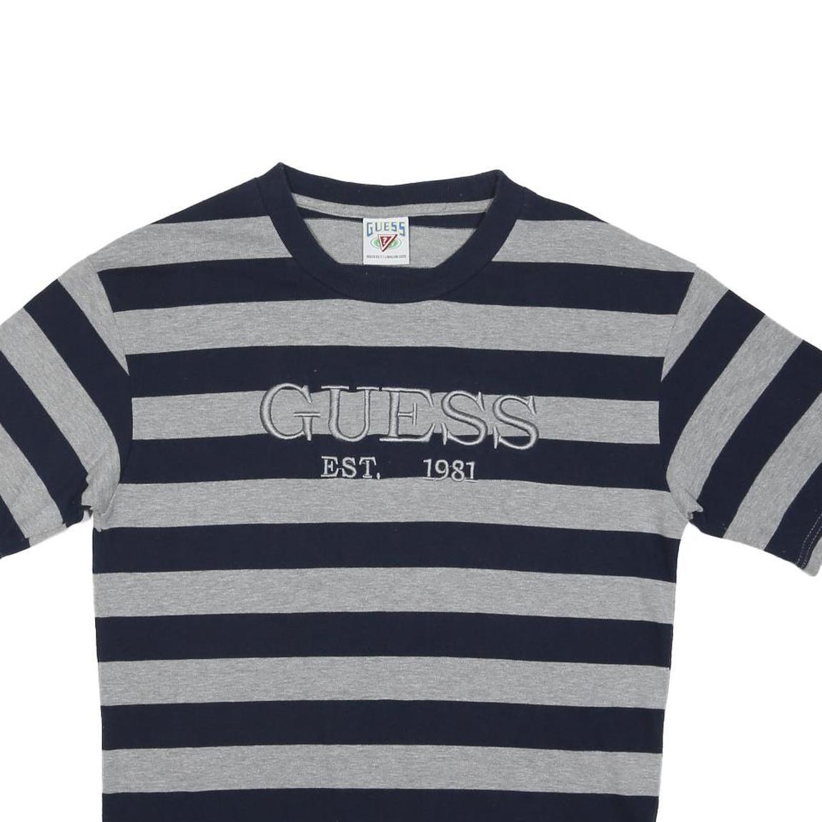 GUESS Mens Blue & Grey Striped Logo Graphic T-Shirt M Short Sleeve Crew Neck